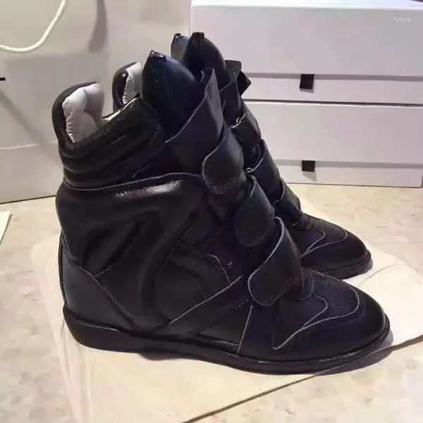 Sapatos casuais temporada mulher bekehigh-top tênis preto couro genuíno escondido cunha paris moda