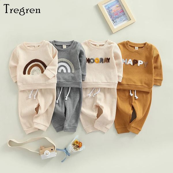 Tregren 024M Born Одежда для маленьких мальчиков и девочек, вафельная осенняя одежда, толстовка с длинными рукавами и рисунком радуги, брюки, комплекты из 2 предметов 240314