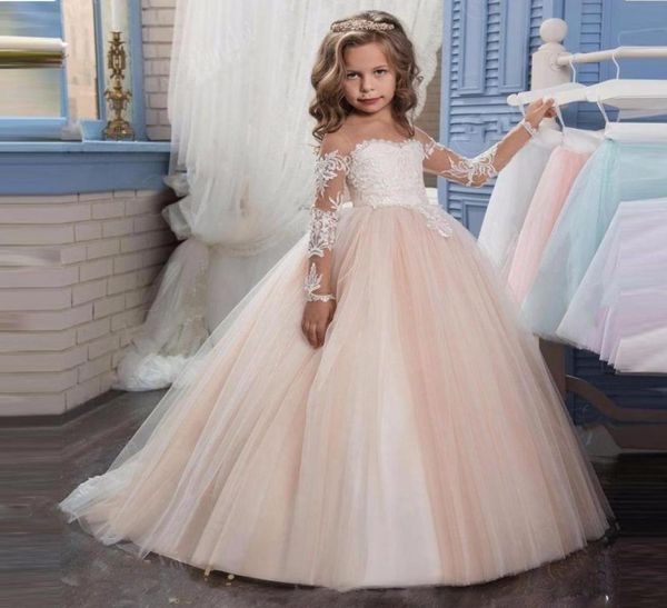 Girl039s Kleider Spitzenhochzeitskleid für Kinder Langarm Tüll Ballkleid Blumenmädchen Weiße Prinzessin Kleine Braut mit Hof Tra3008470
