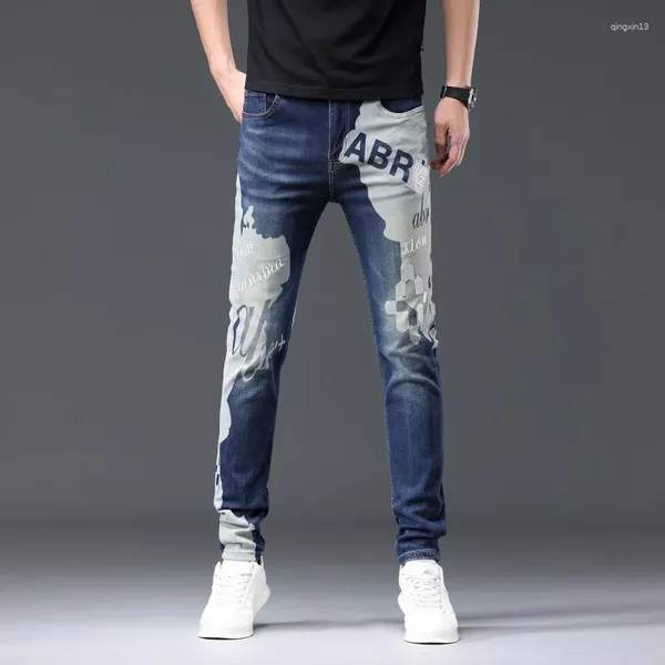 Jeans masculinos combinando com cores impressas tendência moda rua qualidade bordado personalizado calças elásticas slim-fit