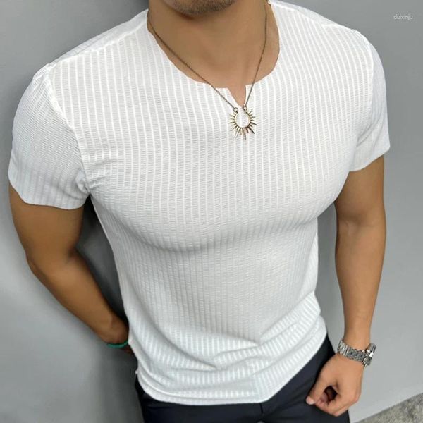 T-shirt da uomo T-shirt estiva a maniche corte T-shirt da uomo con scollo a V a righe elastiche in tinta unita T-shirt da lavoro casual Traspirante Confortevole