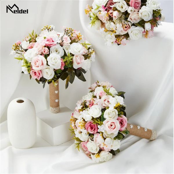 Розовый свадебный букет невесты с цветами в руках, шелковая лента, розы, искусственные цветы, аксессуары для свадьбы, 240308