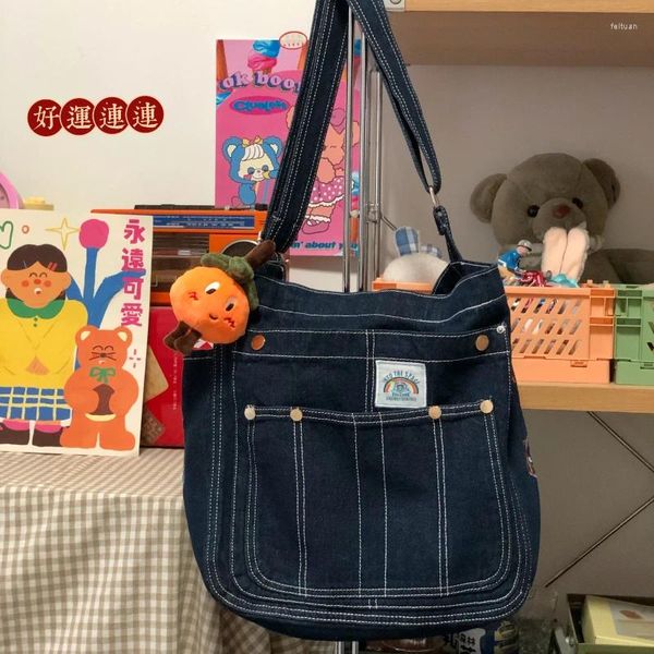 Bolsas de ombro Xiuya Vintage Denim Canvas Crossbody Bolsa Cor Sólida Rebite Applique Bolsa American Street Style Grande Capacidade