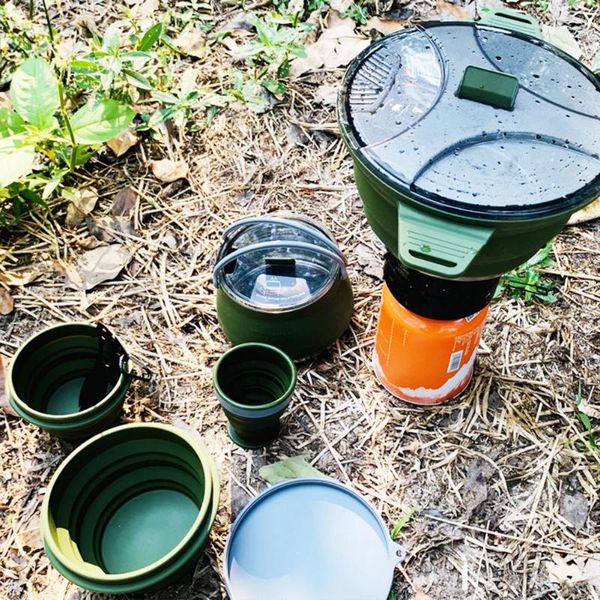 Conjuntos de panelas dobrável portátil acampamento cozinhar pote economizando espaço aberto fogo café resistente ao calor com alça para caminhadas mochila utensílios de mesa