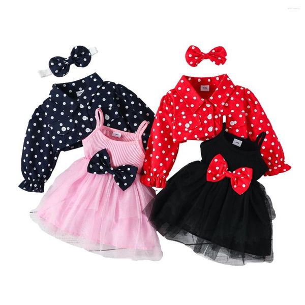 Kız Elbise Kız Kız Elbise Setleri Bahar Sonbahar Bebek Polka Dot Uzun Kollu Ceket Askı Tutu Yay Takım Toddler Party