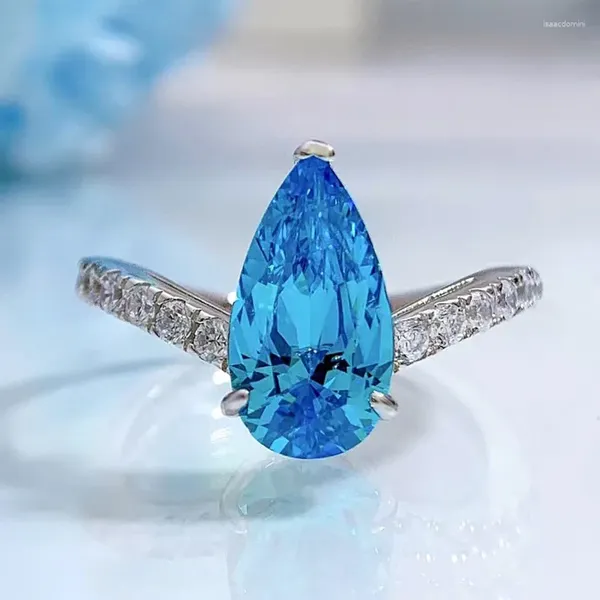 Anelli a grappolo all'ingrosso di argento S925 7 13 goccia d'acqua tesoro blu a forma di pera diamante ad alto tenore di carbonio