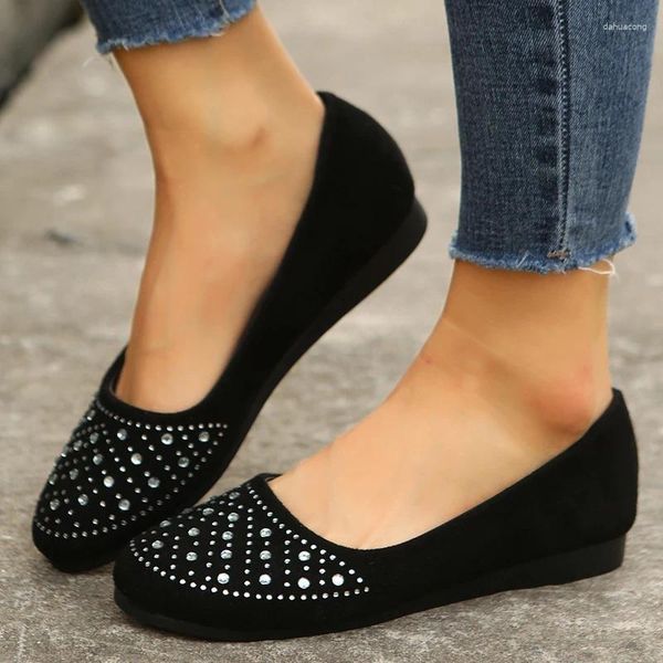 Casual Schuhe Glänzende Kristall Flache Loafer Für Frauen Leichte Nicht-Slip Ballerinas Frau Schwarz Flock Weiche Sohle Gehen Weibliche 2024