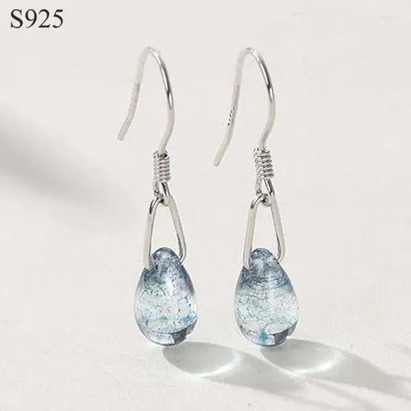 Orecchini pendenti genuini veri puri solidi in argento sterling 925 a goccia lunga da donna Waterdrop sfera di cristallo di vetro blu regalo di gioielleria raffinata