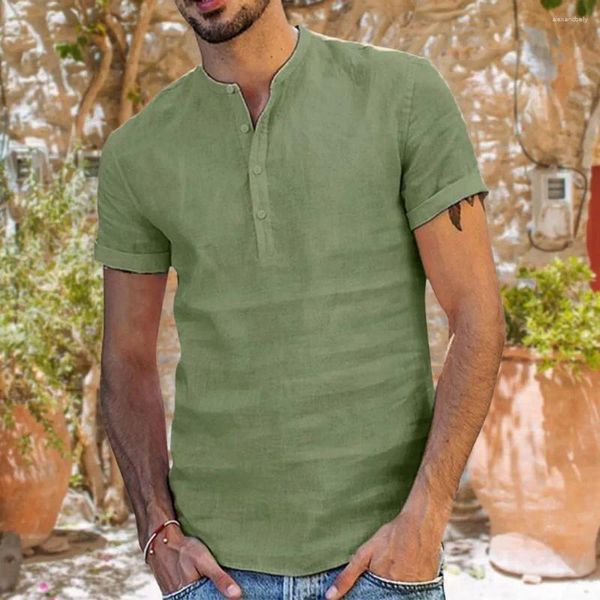 Мужские футболки Летняя рубашка Стильный воротник-стойка на пуговицах для повседневной деловой одежды Сплошной цвет с короткими рукавами Свободный крой средней длины