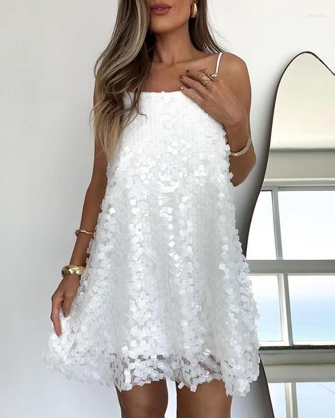 Vestidos casuais estilo elegante para mulheres um vestido de linha 2024 verão simples quadrado pescoço espaguete cinta allover lantejoulas praia férias