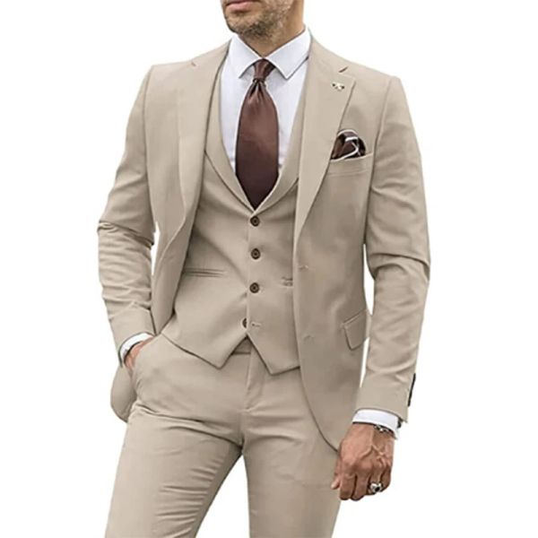 Ternos 3 peças ternos bege para homens 2023 Slim Fit Groom Groom Tuxedo Ternos de casamento Melhor homem Praomsmen Terno de festa formal trajes masculinos de hombre