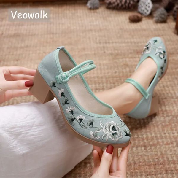 Stivali Veowalk 6 cm Tanno a metà blocco Donne morbide jacquard ricamare pompe ricamate retrò cinghia caviglia signore casual comode scarpe in stile cinese comode