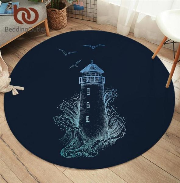 Tappeti Biancheria da lettoOutlet Faro Camera da letto Tappetino Tema nautico Tappeto rotondo Tappeto Tempesta Blu scuro Mare Soggiorno Alfombra Dropsh2901689