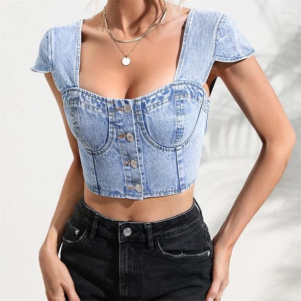 Женские футболки, корейская версия, сексуальный джинсовый топ без рукавов с U-образным вырезом, облегающая футболка с открытой спиной, однобортная летняя короткая одежда