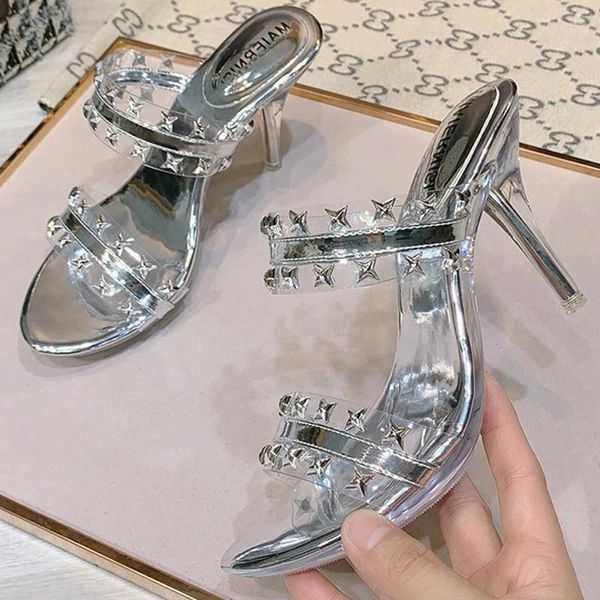 Тапочки с заклепками, прозрачные римские туфли, сандалии на высоком каблуке 8 см, женские пикантные дизайны для ночного клуба с кристаллами