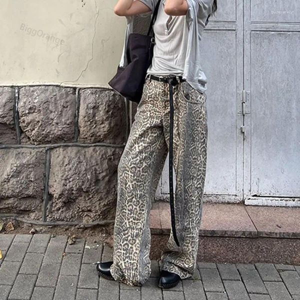 Jeans femininos americanos leopardo lavagem mulheres y2k retro rua menina solta estilo coreano casual cintura alta calças jeans retas
