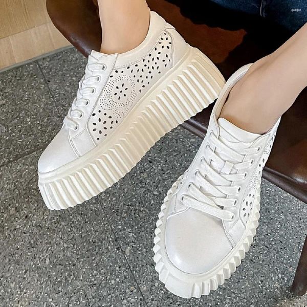 Scarpe casual da donna in vera pelle scavata e traspirante con suola in spunta con plateau sneakers basse per il tempo libero espadrillas femminili morbide e confortevoli