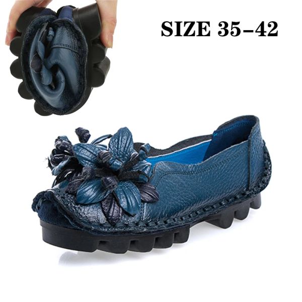 Loafers Vintage Real Leather Ballet Flats Shoes Women's Women's Loafers Antive Skid Blue Moccasins Ladies Водонепроницаемые туфли Большой размер 42