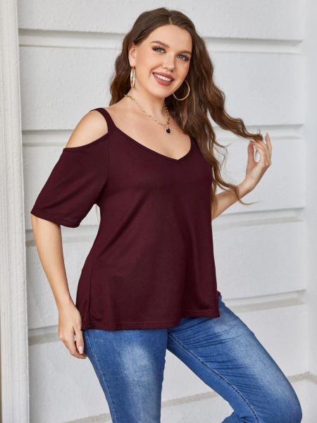 Tops de verão decote em v profundo mangas curtas ombro frio sexy camisetas femininas plus size sólido marrom camisetas femininas blusas roupas