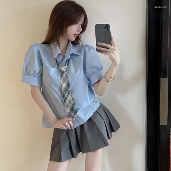 Vestidos de trabalho japão sólido camisa de manga curta com uma saia de gravata 2 peças conjunto feminino único breasted vestido fino verão chique ternos femininos