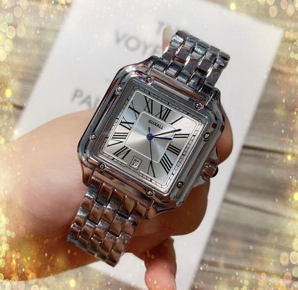 Moda masculina menino relógios movimento de quartzo prata rosa ouro tanque quadrado pulseira de couro de aço inoxidável relógio três dois pinos preto branco mostrador explosões anuais relógio
