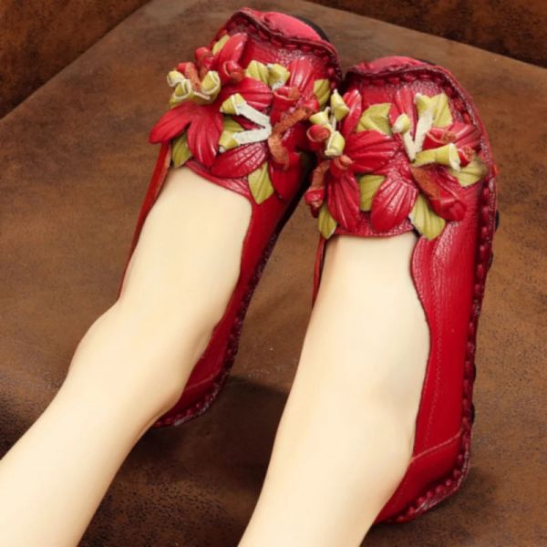 Stiefel Rote Sommerschuh Frau 2022 Kuhlattenleder Moccasin Frau Retro Blüte Blumen flache Schuhe Bestseller 2022 Produkte