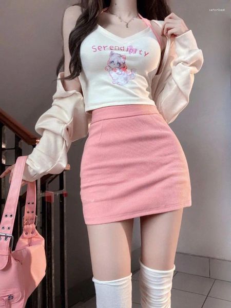 Vestidos de trabalho versão coreana bonito rosa 3 peças gatinho colar colete cardigan saia de cintura altawomens algodão moda pendurado pescoço vestido conjunto