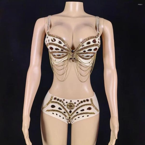 Tute da donna Donne sexy Scintillanti diamanti dorati Set bikini Reggiseno corto Due pezzi Set discoteca Costume da ballo Spettacolo Spettacolo Abbigliamento da palcoscenico