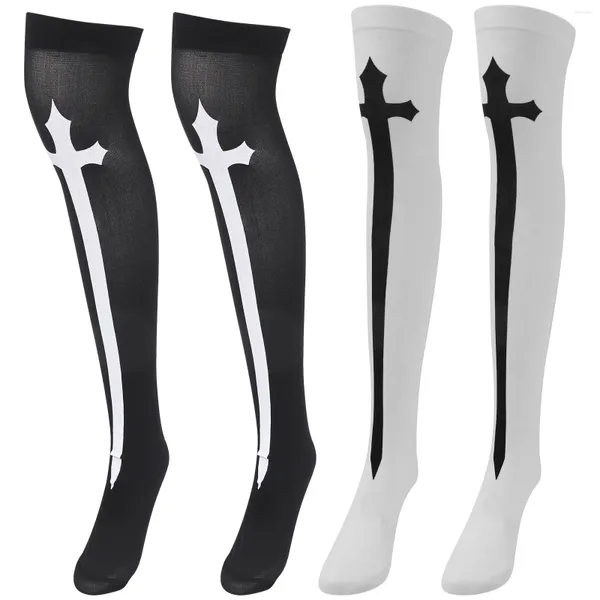 Frauen Socken 2 Paar Nonne Kleidung Rohr Halloween Lange Hohe Cosplay Strümpfe Stuffers' Druck Nylon Über Knie Fräulein