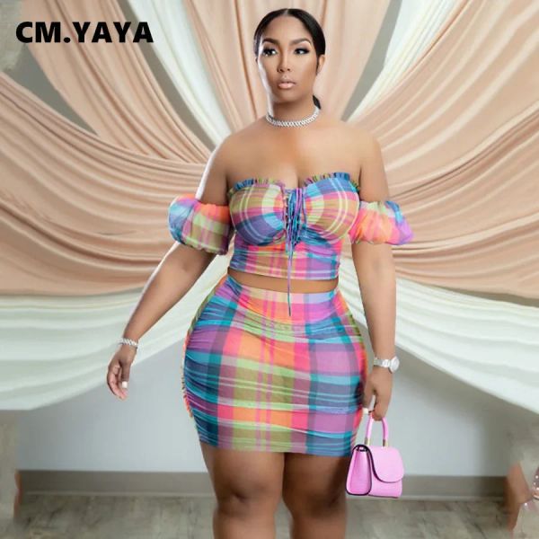 Set cm.yaya plus size donne plaid off -spalla top e abito gonna midi midi che abbina due abiti set da 2 pezzi sexy party chic