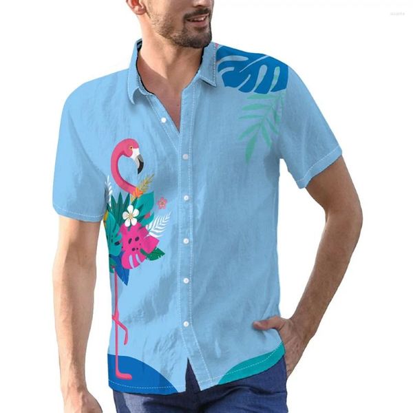 Freizeithemden für Herren, Flamingo und Blatt, digitaler Cartoon-Druck, kurzärmelig, Button-Down-Hemd für Sommer-Resort-Urlaubskleidung