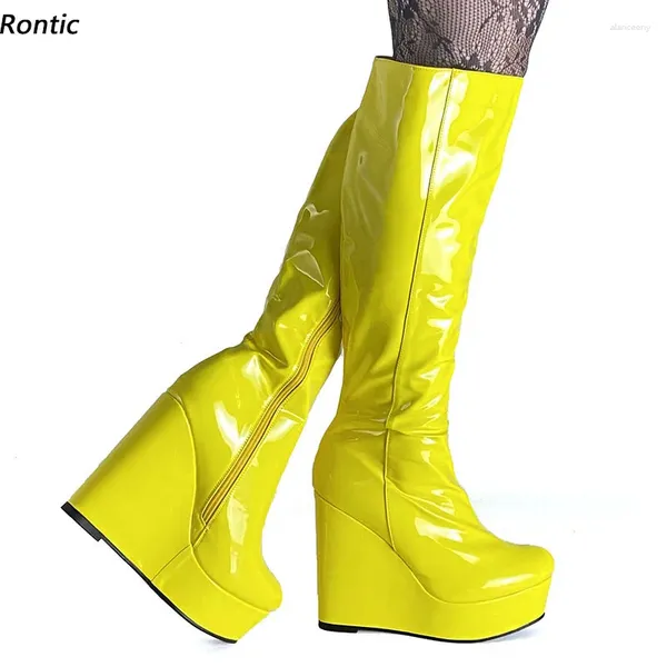 Сапоги Rontic, женские зимние сапоги до колена, унисекс, с боковой молнией, пикантные туфли на танкетке, с круглым носком, черные, красные, цвета фуксии, туфли для ночного клуба, размер 35-52