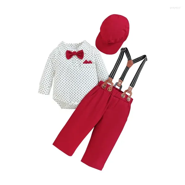 Set di abbigliamento 0-12M Neonato Vestiti per ragazzo Papillon Tuta Camicia elegante Pantaloni con bretelle Berretto Cappello Vestito da gentiluomo Vestito da regalo per bambini