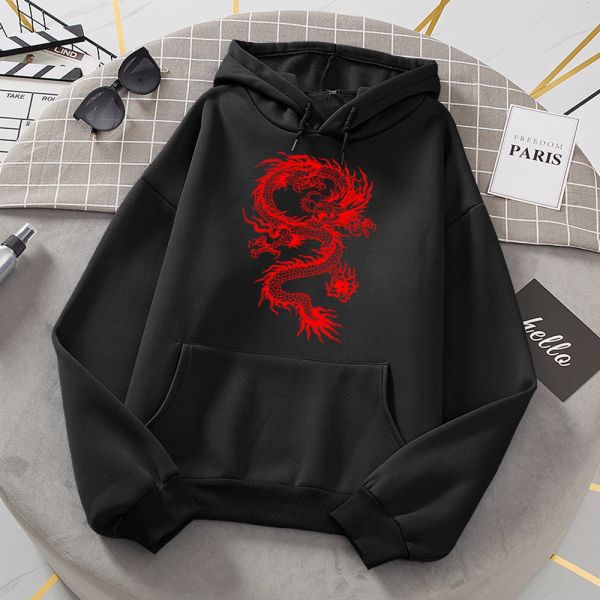 Moletons dragão vermelho moda suor impressão feminina com capuz oversize solto camisolas outono velo hoodies moda roupas casuais femininas