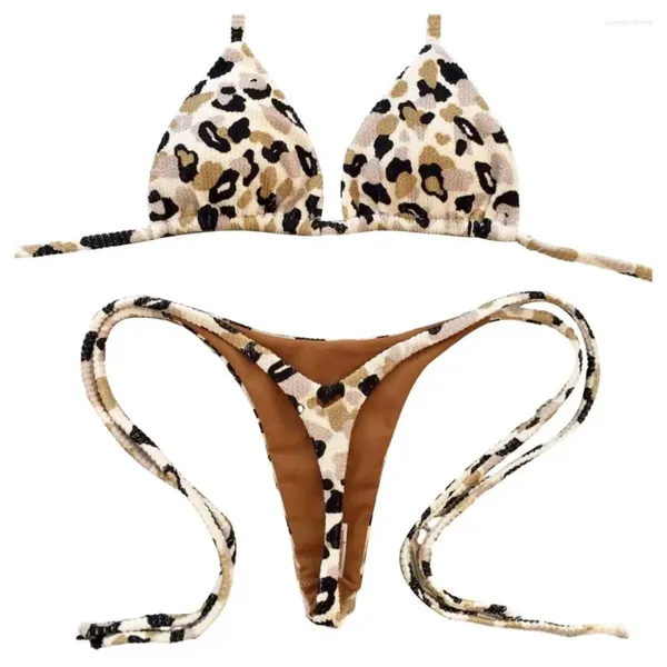 Costume da bagno da donna Costume da bagno Tankini da donna Costume da bagno con stampa leopardata Reggiseno all'americana con lacci Set bikini perizoma brasiliano in due pezzi