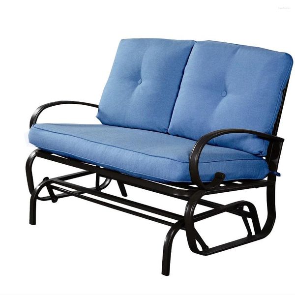 Mobili da campeggio Costway Glider Panca a dondolo per patio esterno Divanetto a due posti Sedile imbottito Struttura in acciaio Blu