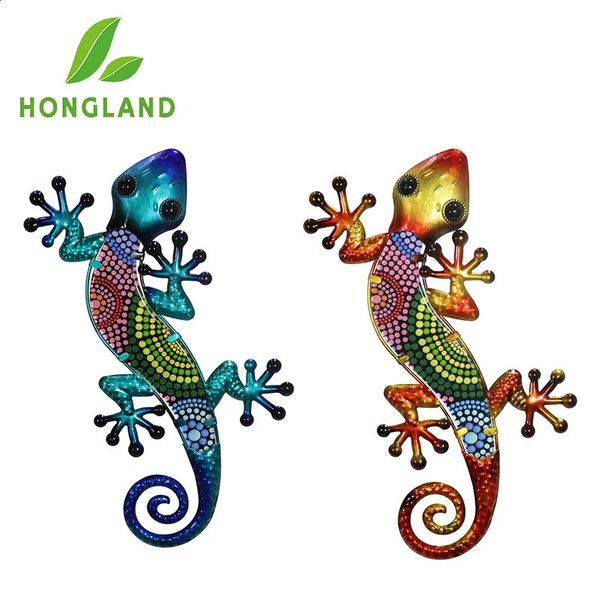Hongland metal gecko parede arte 2 pacote 15 Polegada lagarto decoração ao ar livre pendurado escultura de vidro decoração para jardim cerca casa 240312