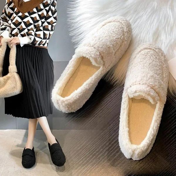 Sapatos casuais femininos outono inverno moda lã de cordeiro mais veludo quente algodão plana mocassins único confortável senhoras feijão