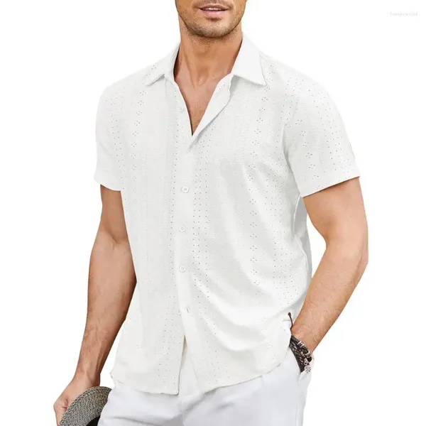 Camisas casuais masculinas de tecido alto beachwear recorte camisa elegante oco para fora verão com gola virada para baixo mangas curtas respirável