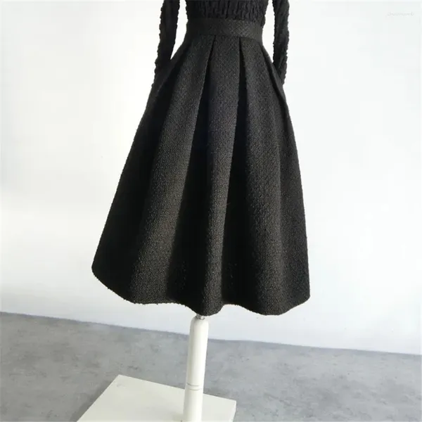 Юбки, винтажная однотонная черная твидовая длинная юбка, офисные женские осенне-зимние корейские модные элегантные простые женские юбки трапециевидной формы с высокой талией