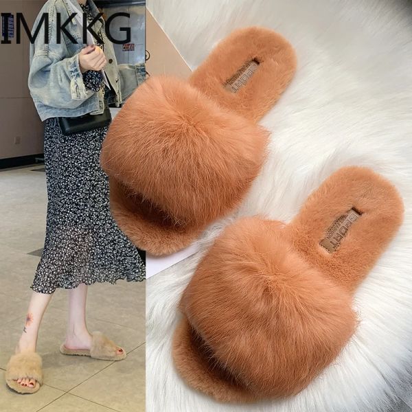 Stiefel natürliche Fell Frauen Hausschuhe Schuhe Neue Kaninchenfell -Hausschuhe Hausrutschen Damen Furry Indoor Flip Flops Flauschige Frauen Schuhe F90349