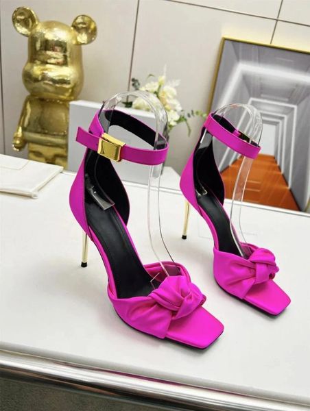 Sapatos de vestido sexy de alta qualidade couro genuíno chinelos de seda gravata borboleta vamp 9.5cm mulheres sandália senhoras bombas tornozelo frênulo