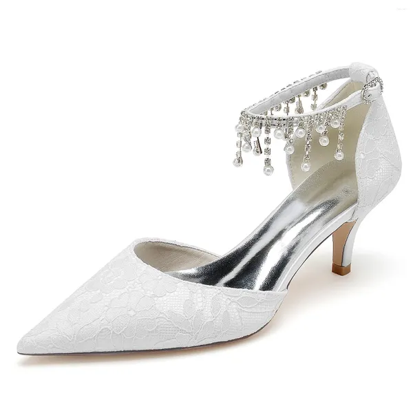 Sandali Donna Fiore di pizzo bianco Perle Nappa Tacco alto Perla a punta Catena Fibbia Scarpe da damigella d'onore da sposa Tacco medio 6 cm