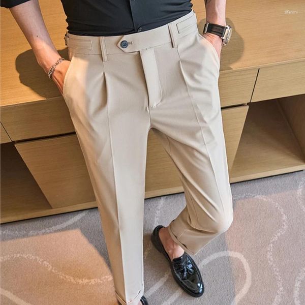 Ternos masculinos estilo britânico calças cortadas para homens casuais calças retas moda magro diário tappered 2024