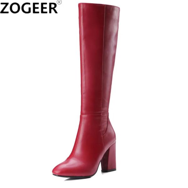 Botas de moda de jato de inverno Botas altas femininas Pu couro de couro alto salto alto botas compridas botas de zíper feminina Sapatos de mulheres preto Qualidade vermelha