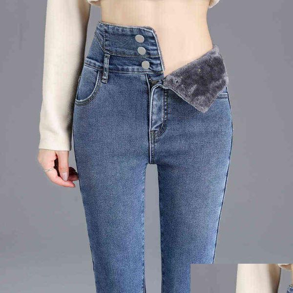 Damen Jeans Winter Frauen verdicken Stretch dünne Fleece Frau hohe Taille Knopf schwarz warme Dame Vintage Denim Bleistift koreanische Hosen 2111 Otblt