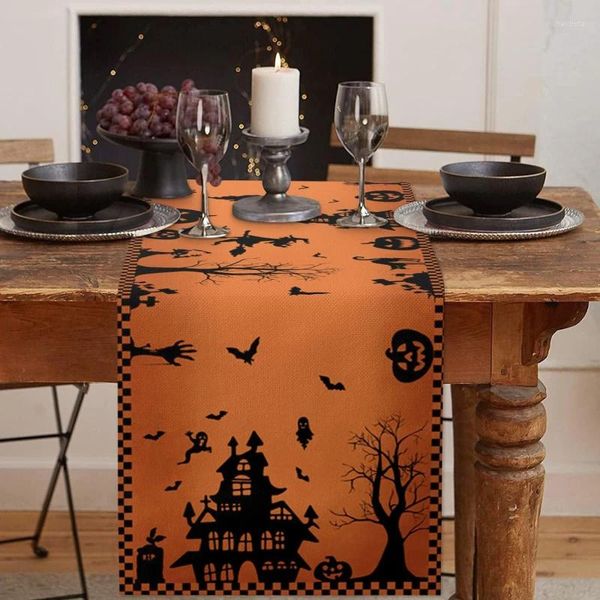 Decoração de festa decorações de halloween corredor de mesa para casa abóbora morcego bandeira pano toalha de mesa quarto casa horror assustador decoração 2024