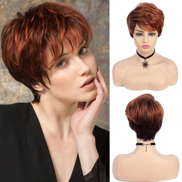 Parrucche sintetiche Parrucca BCHR taglio corto pixie cut Parrucche sintetiche rosso rame con frangia laterale Parrucca Ombre con radici scure per donne Capelli ondulati naturali 240328 240327