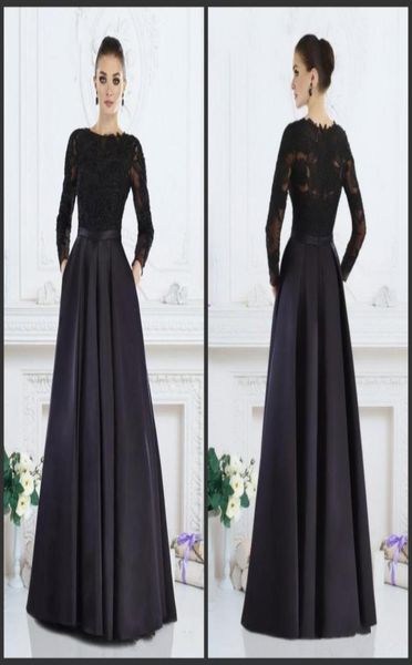 Schwarze Kleider für die Brautmutter mit Taschen, Spitze, langen Ärmeln, elegante Abendparty-Kleider, A-Linie, Satin, günstiges Kleid, formelle Gelegenheiten3761502