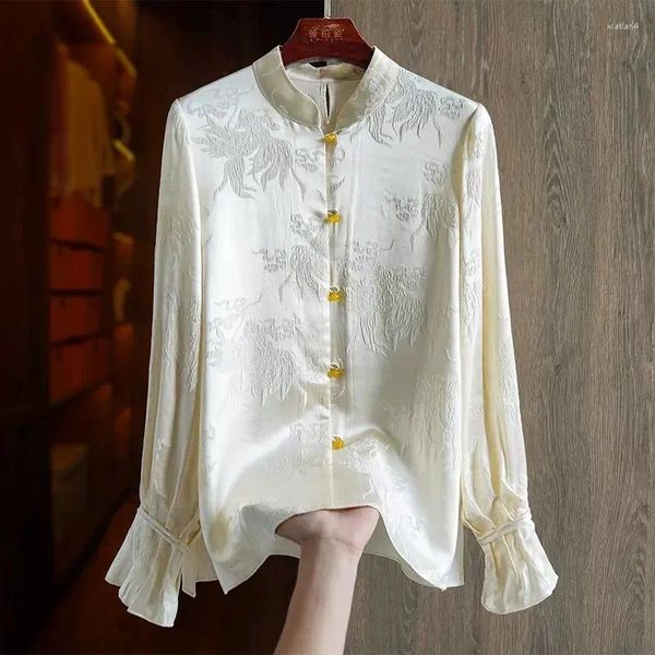 Blusas femininas estilo chinês camisas vintage primavera verão flor de seda mangas compridas mulheres topos roupas soltas ycmyunyan